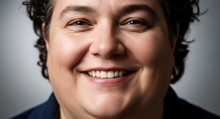 Portrait of a smiling businesswoman on a gray background. Close-up.の素材