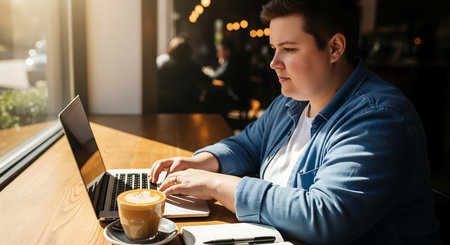 Young man working with laptop and drinking coffee in cafe, side viewの素材