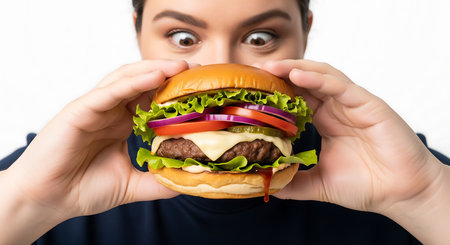 Close-up of young woman covering her mouth with burger on white backgroundの素材