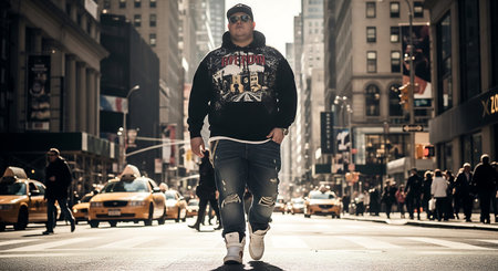 Hipster man walking on Fifth Avenue in Manhattan, New York City, USAの素材