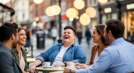 Group of friends having a good time in a cafe. They are laughing and drinking coffee.の素材