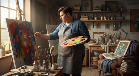 Portrait of a young male artist in his studio painting a pictureの素材