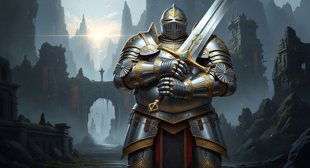 Medieval knight in armor with sword on the background of fantasy castleの素材