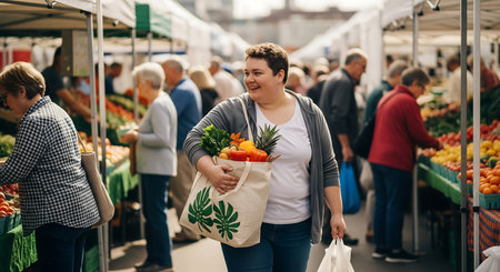 Woman buying fruits and vegetables at the farmers market. Selective focus.の素材