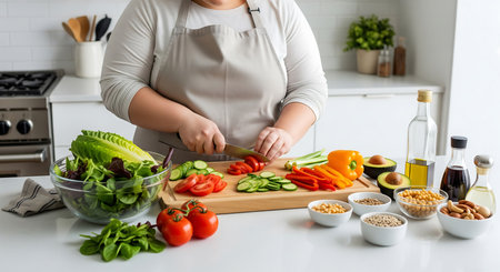 cropped view of overweight woman cutting vegetables on cutting board in kitchenの素材