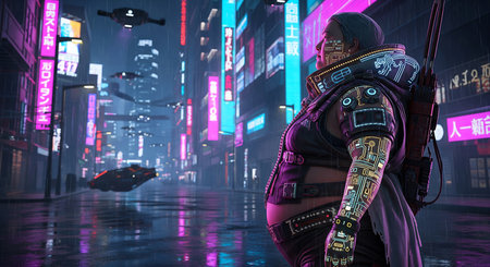 Astronaut in futuristic city with neon lights. 3d renderingの素材
