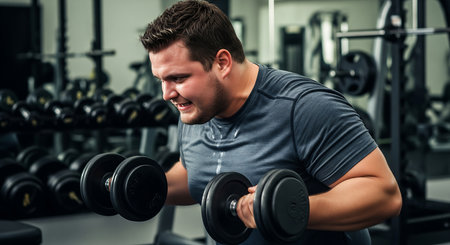 Young man doing exercises with dumbbells in a fitness club.の素材
