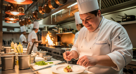 chef in hotel kitchen preparing and decorating food with fork knifeの素材