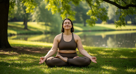 Young woman practicing yoga in the park, sitting in lotus poseの素材
