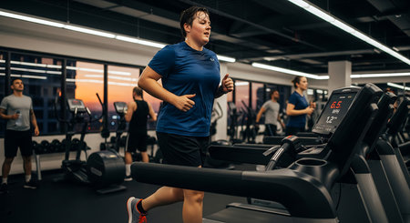 Young woman running on a treadmill in a modern gym. Healthy lifestyleの素材