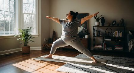 Young woman practicing yoga at home. She is wearing sportswear.の素材