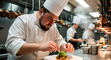 chef in hotel kitchen prepare and decorating food, delicious dishの素材