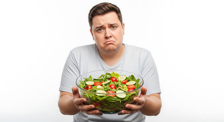 Fat man holding a bowl of salad. Isolated on white background.の素材