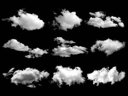 White clouds elements set, isolated on black background.の写真素材