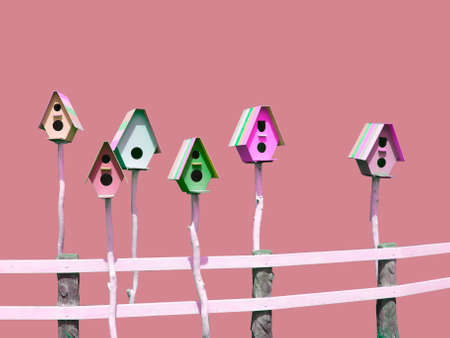 isolated of colorful birdhouse on pink tone background