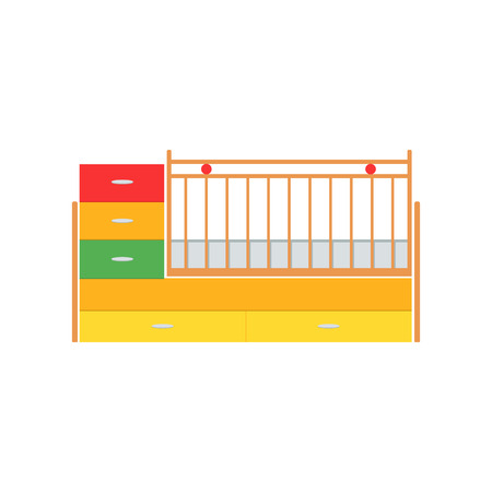Crib vector illustration. Little baby crib. Colors crib details. Cot isolated icon. Wooden crib on white background. Flat style illustration.のイラスト素材