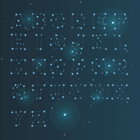 Alphabet in the form of a constellation. Bright cosmic letters from stars. ABC Vector illustration.のイラスト素材