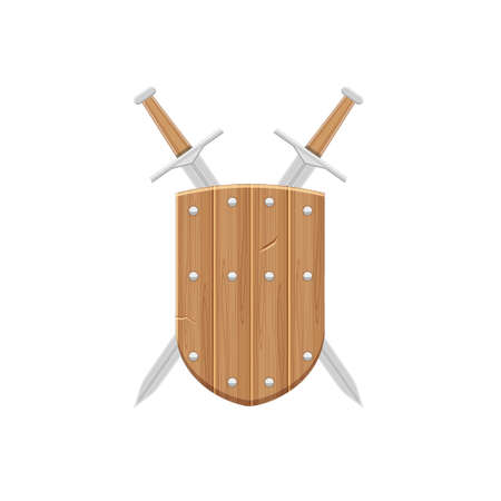 The concept of medieval weapons. A beautiful wooden medieval shield with two crossed swords positioned behind the shield. the heraldic sign of the shield and sword. Vector on a white background.のイラスト素材