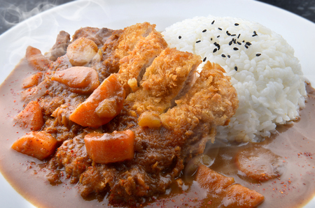 Rice with deep fried pork and curry in Japanese style or katsu kare in white  plate ready to eat.の写真素材