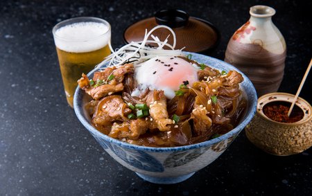 Japanese beef bowl or gyudon in Japanese call made from beef cook with onion and soya ingredien ready for serve.の写真素材