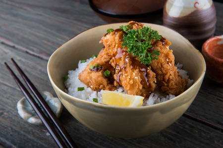 Japanese style crispy chicken with rice and sweet soya sauce ready for serve.の写真素材