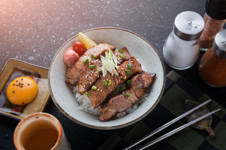 Pork grill on rice or Buta Yaki don in Japanese street food  style.の写真素材