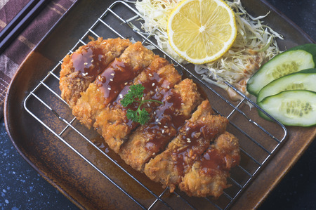 Deep fried pork in Japanese style name tonkatsu set in grey tone color applied.の写真素材