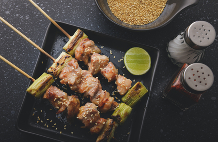 japanese chicken grill  Yakitori set with ingredient in dark tone low lighting and dark shadow.の写真素材