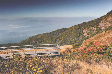 Mountain dry meadow ,fog cloud scape and wooden bridge.の写真素材