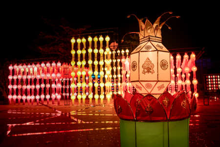 Colorful Loy krathong festival street lanterns in Thailand public night time.の写真素材