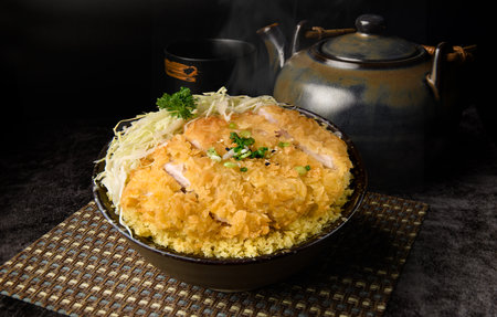 Crispy grilled pork with sauce, rice and cabbage with dark background.の写真素材