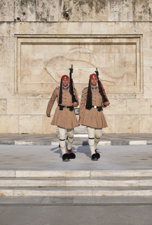Athens, Greece - May 14, 2019: Changing of Presidential guard Evzones by the Greek tomb of Unknown...