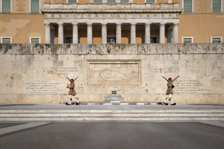 Athens, Greece - May 14, 2019: Changing of Presidential guard Evzones by the Greek tomb of Unknown Soldier. Famous daily ceremony, patriotic, pride.のeditorial素材