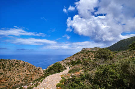 Typical Greek or Cretan landscape, hills and mountains, spring foliage, bush, olive tree, rocky road, path. Akrotiri peninsula, Chania, Crete, Greeceの写真素材