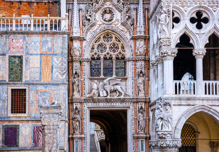 Close view of Porta della Carta or ceremonial entrance of Doges palace, Venice, Italy.の写真素材