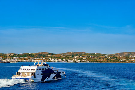 Milos, Greece - May 26, 2019: Seajets superjet ferry heading to port of Milos island, Greece.のeditorial素材