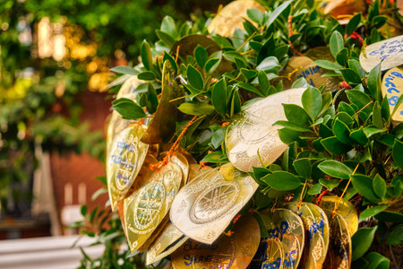 Thai buddhist golden leaves with wishes tied to Bodhi tree.