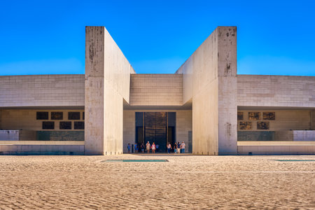 Entrance of basilica of Holy Trinity in Fatima, Portugal, on sunny day.の写真素材