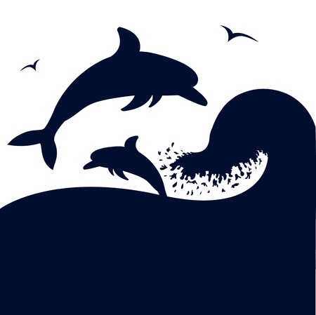 Dolphins jumping in big sea wave Vector silhouete  isolated on white for designのイラスト素材