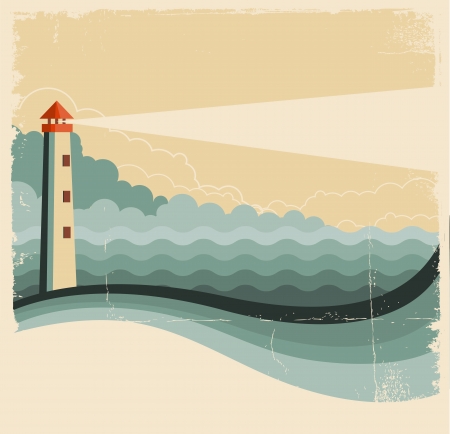 Lighthouse and sea waves Vintage image on old paper textureのイラスト素材