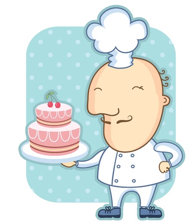 chef and sweet cake.Vector illustration of baker for designのイラスト素材