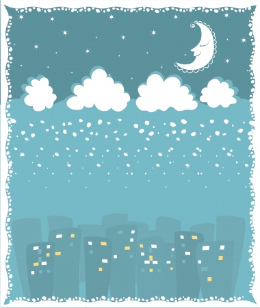 Christmas card with town and snowfall.Vector evening landscape  のイラスト素材