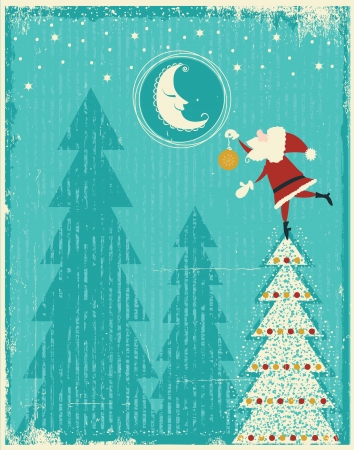 Vintage christmas card with Santa and nice moon.Vector tender card for text on old backgroundのイラスト素材