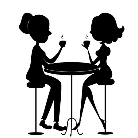 Two women drinking coffee.Vector black silhouette on white backgroundのイラスト素材