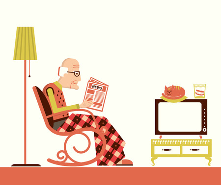 Old man sitting in rocking chair and reading newspaper in his room.のイラスト素材