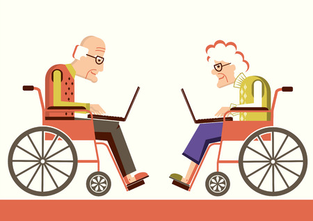 Elderly people in a wheelchairs with laptops.のイラスト素材