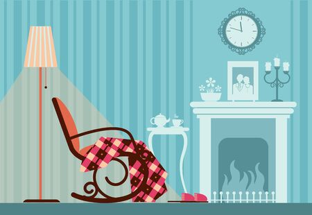 Room interior with rocking chair and fireplace in dark evening time.のイラスト素材