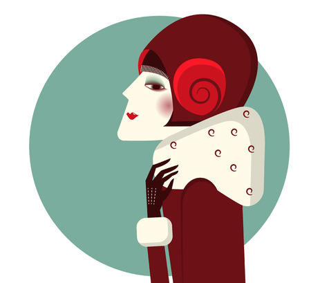 Vintage woman portrait in fashion hat and winter coat.Vector color illustrationのイラスト素材