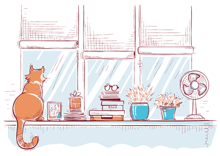 Windows ill with home love objects and cute cat.Hand drawn color sketch of illustration cardのイラスト素材