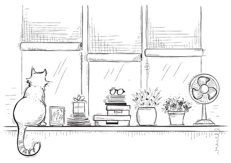 Windows ill with home love objects and cute cat.Hand drawn sketch of black illustration.のイラスト素材